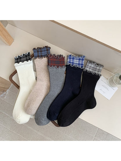 Rufia - Ruffled Edge Plaid Mid-Calf Winter Socks