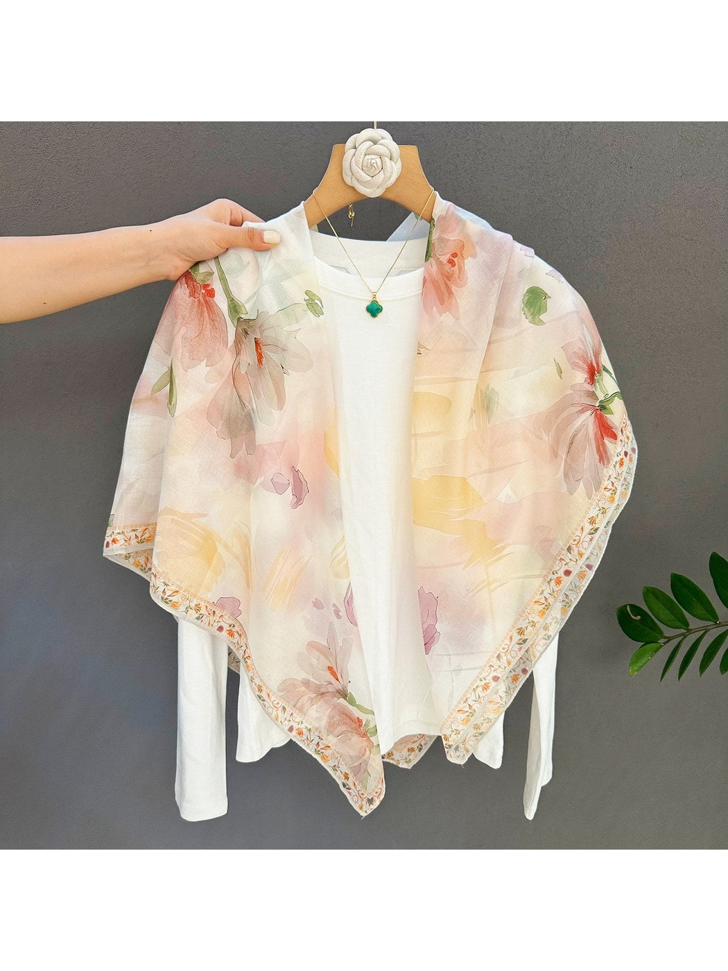 Scarvii - Soft Tone Floral Border Print Square Scarf