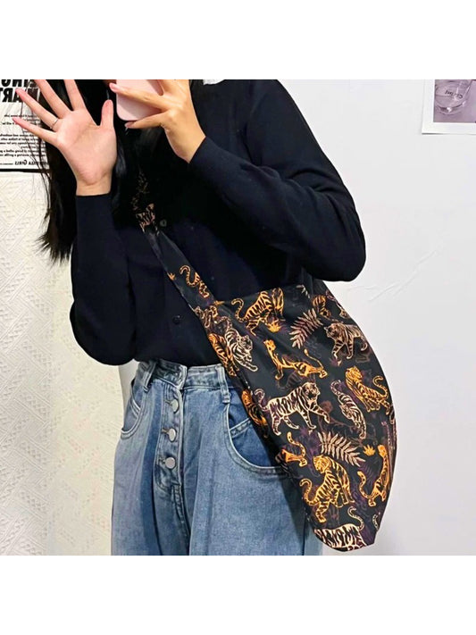 Side view of Cosbai Tiger Print Slouch Shoulder Bag showing soft texture and shoulder strap