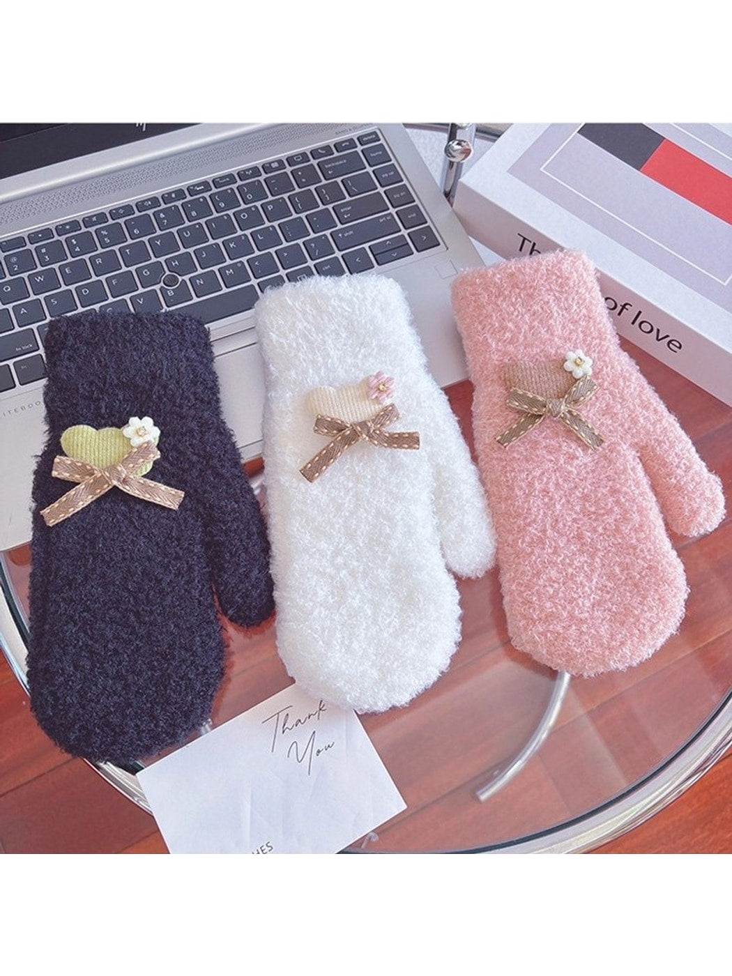 Gloving - Bow Accent Fuzzy Knit Winter Mittens