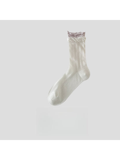 Rufia - Muted Ribbed Ruffle Cuff Crew Socks