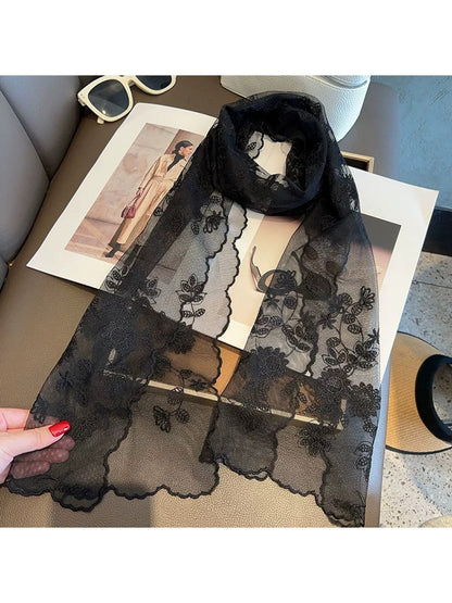 Scarvii - Plant Pattern Embroidered Lace Scarf