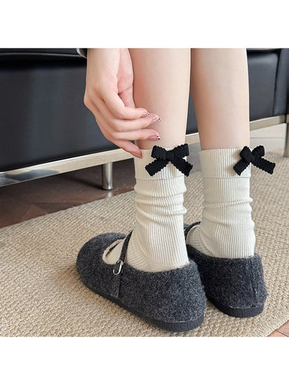 Rufia - Colorblock Bow Accent Ribbed Solid Color Crew Socks