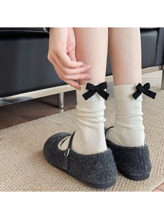 Rufia - Colorblock Bow Accent Ribbed Solid Color Crew Socks