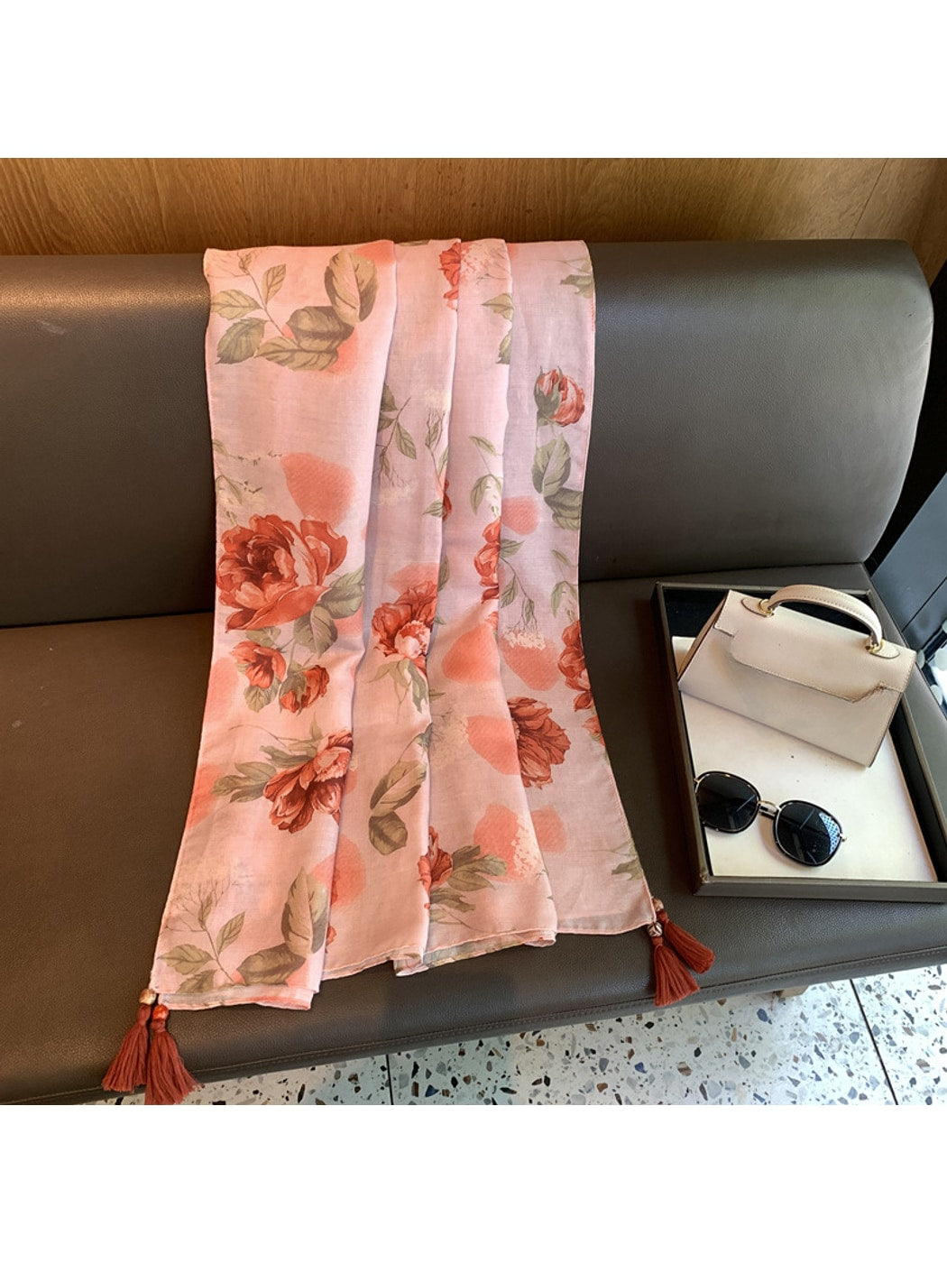 Scarvii - Pink Floral Printed Tassel Trim Scarf