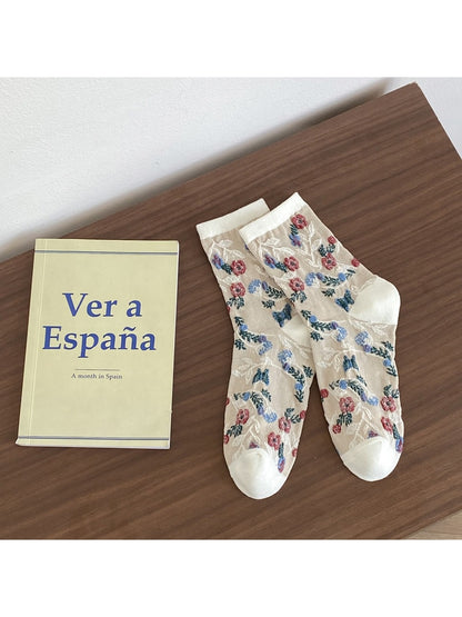 Rufia - Retro Flower Pattern Women's Crew Socks