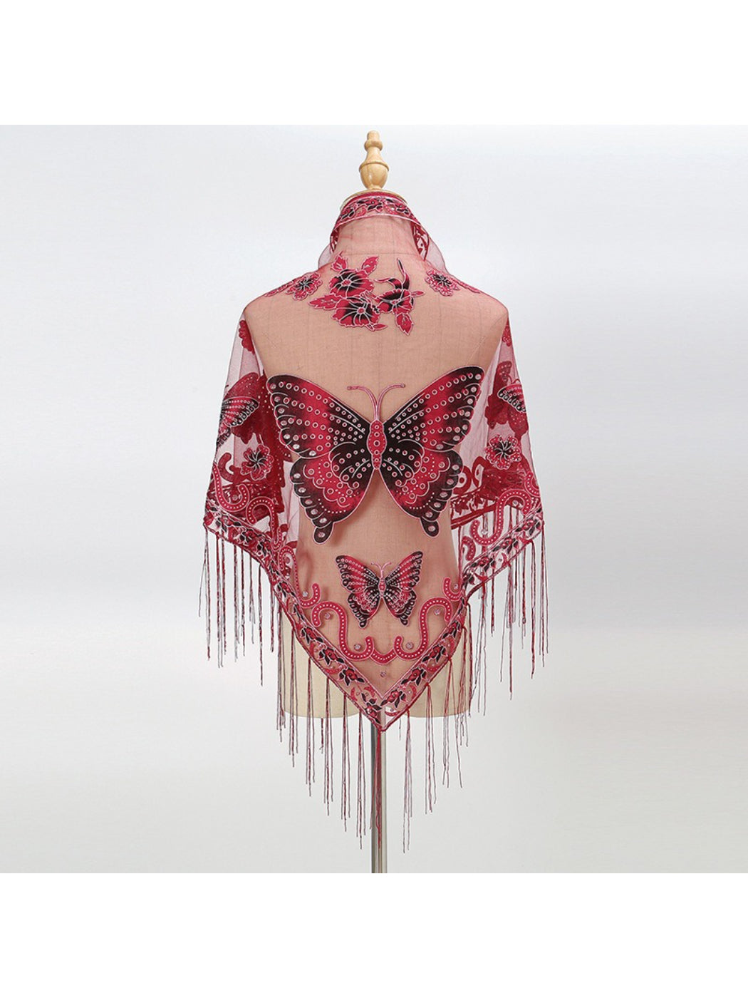 Scarvii Butterfly Fringe Triangle Scarf folded to highlight triangular shape and butterfly motif