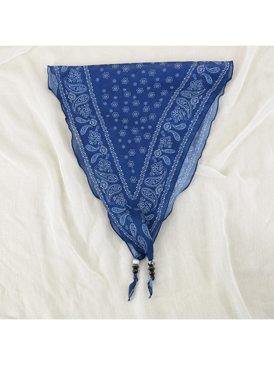 Scarvii vintage bandana headscarf laid flat showing full pattern and bead trim