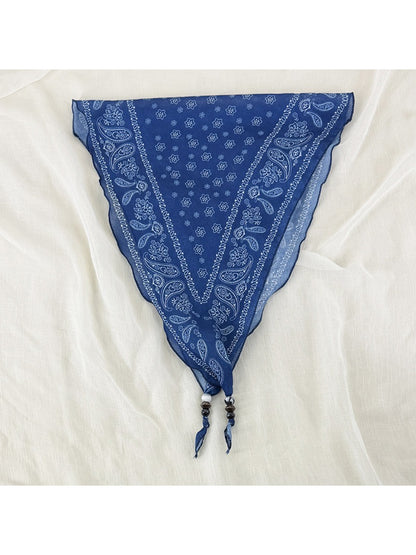 Scarvii vintage bandana headscarf laid flat showing full pattern and bead trim