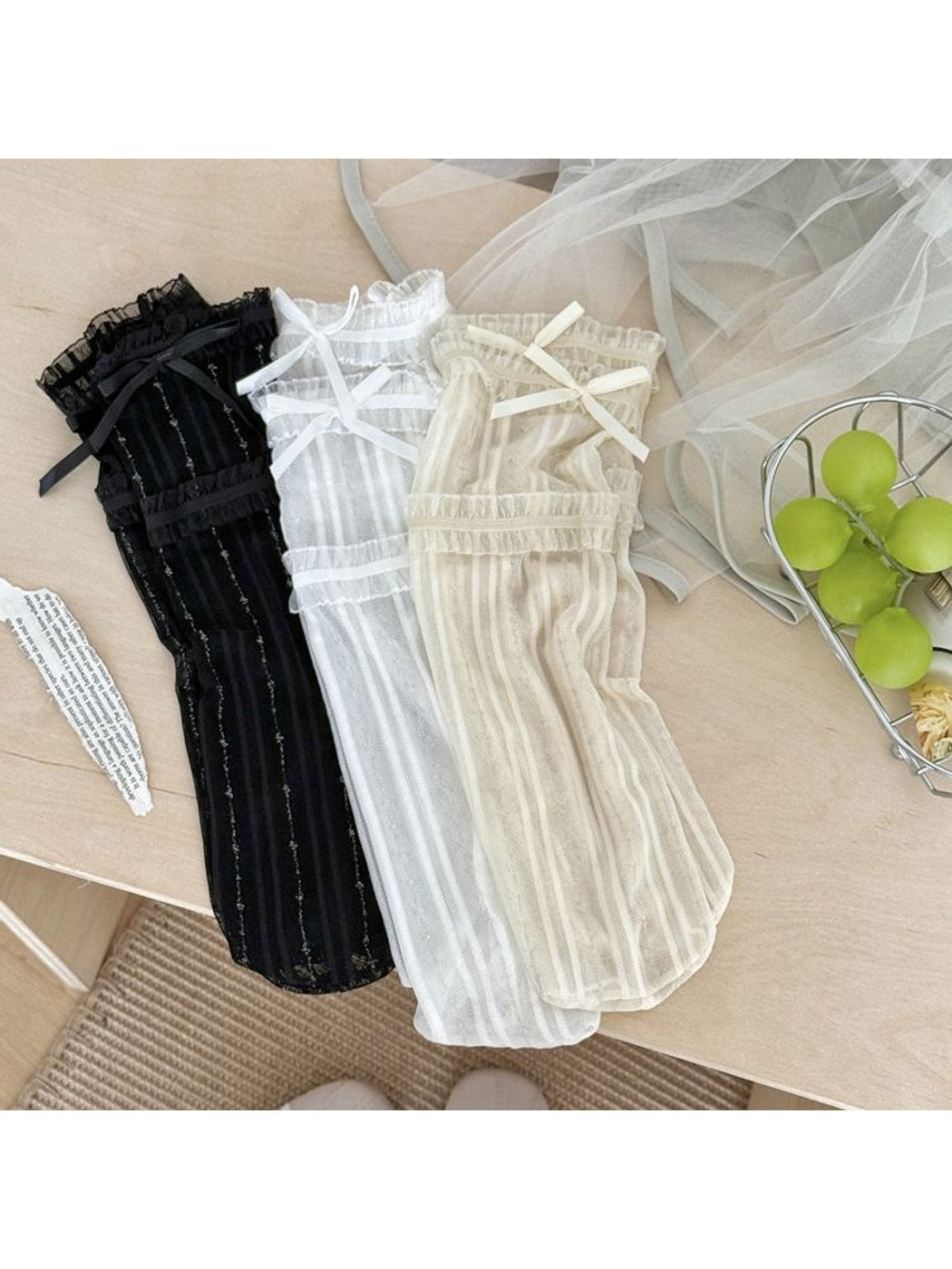 Rufia - Sweet Lace Trim Detail Ribbed Sheer Crew Socks