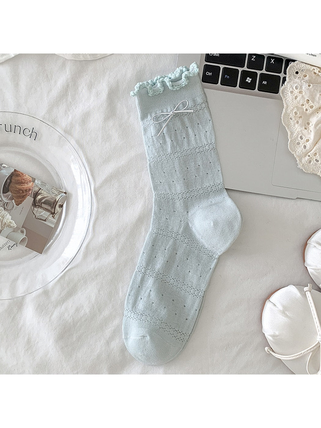 Rufia - Ruffle Cuffs Bow Detail Solid Color Crew Socks