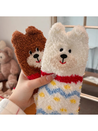 Rufia - Bear Face Zigzag Fuzzy Crew Socks