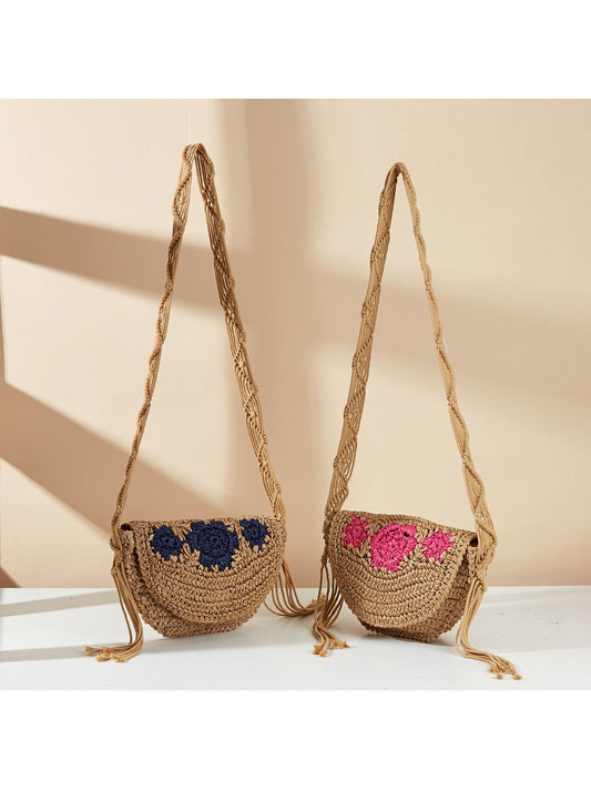 Cosbai - Floral Fringe Straw Crossbody Bag