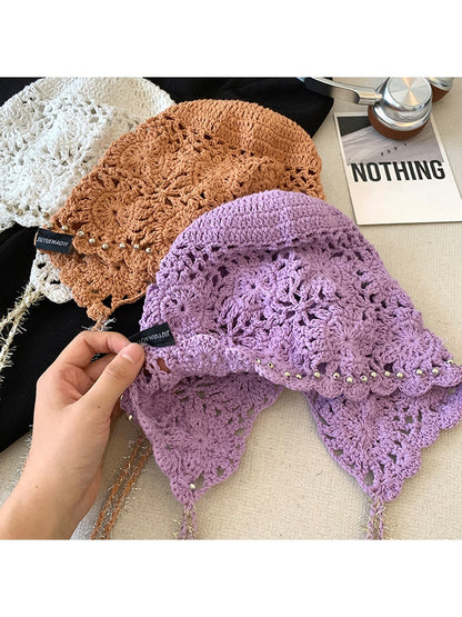 Haila - Women's Floral Openwork Tie Strap Beanie