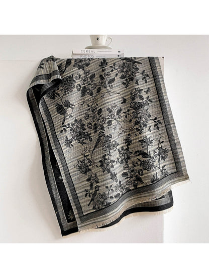 Scarvii - Bird Floral Pattern Textured Scarf