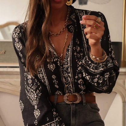 Crosa Boho Elegant Floral Long Sleeves Blouse Sweater accessory detail view