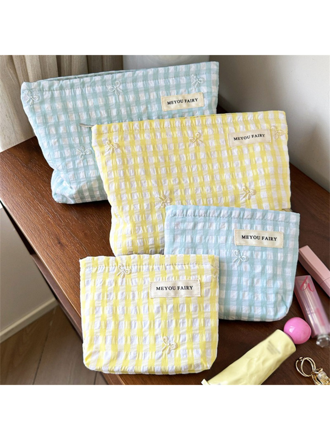Cosbai pastel check zip pouch with soft pink and blue check pattern