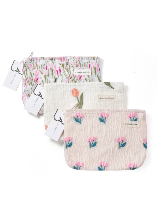 Cosbai – Tulip & Cherry Embossed Canvas Makeup Bag