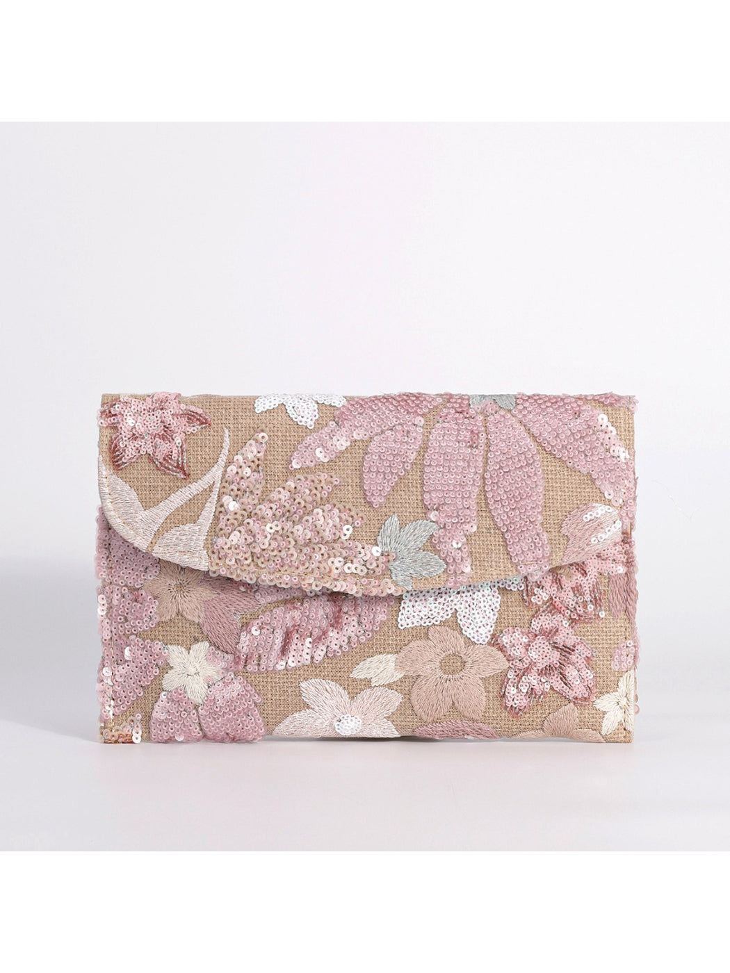 Cosbai clutch bag with floral design shown alongside matching shoes