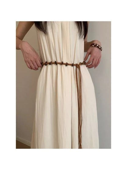 Beco knotted rope tie waist belt in natural beige color displayed flat