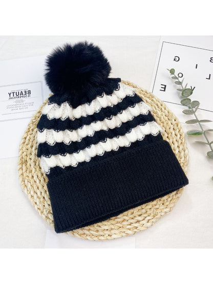 Haila - Women's Striped Fleece Lined Beanie with Pom