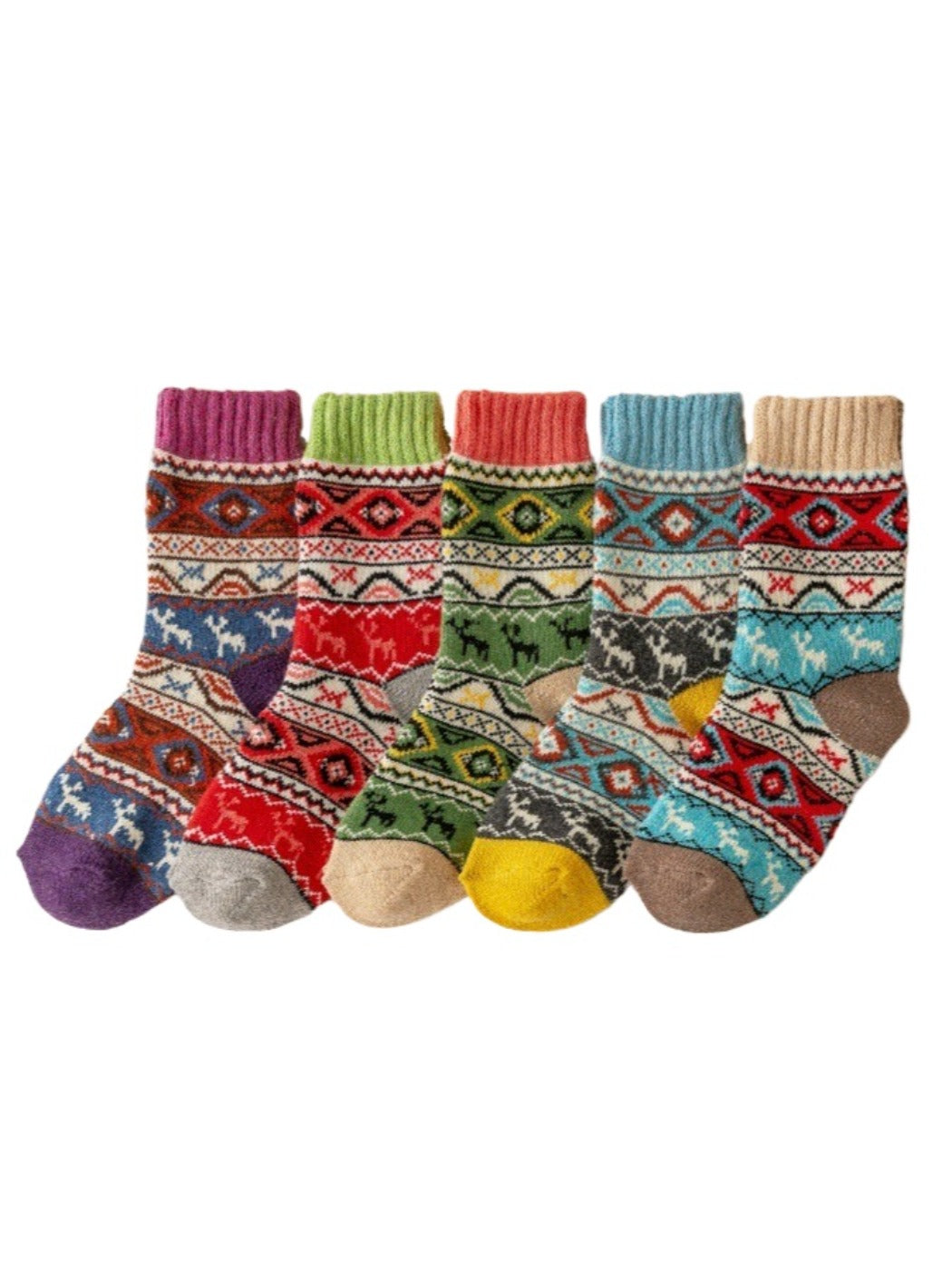 Rufia - Colorful Retro Thick Mid-Calf Winter Socks - 5 Pairs/Pack