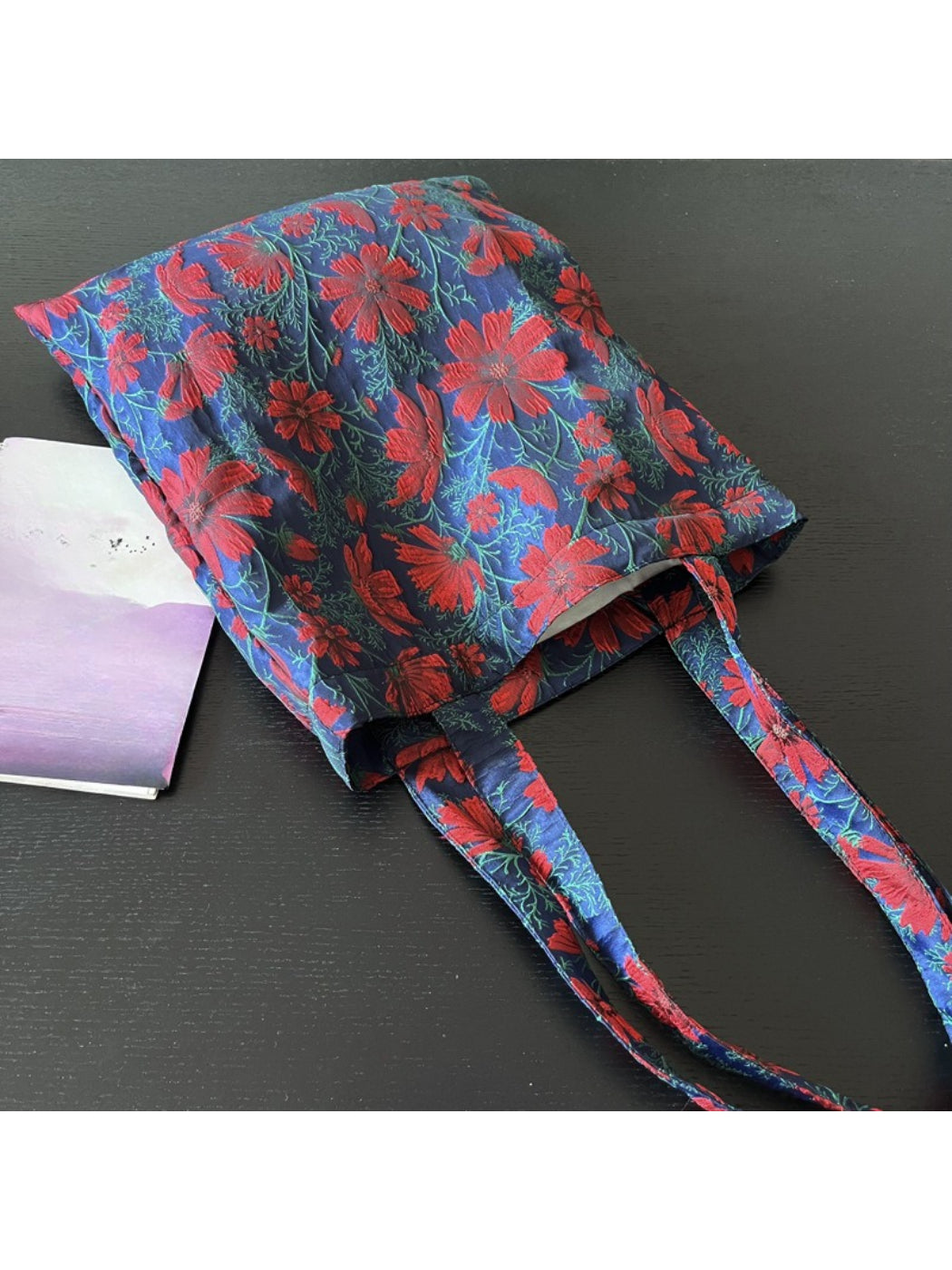Cosbai Vintage Bloom tote bag displayed open, showing spacious interior