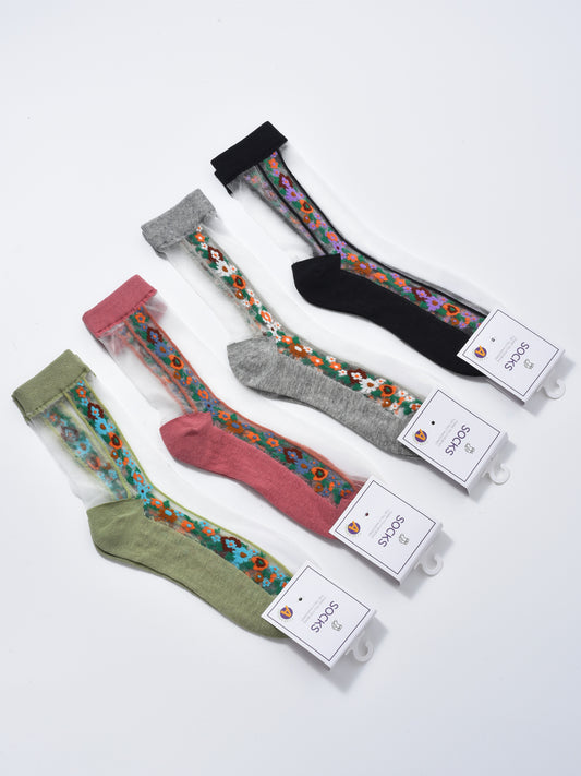 Rufia - Floral Panel Lightweight Sheer Socks