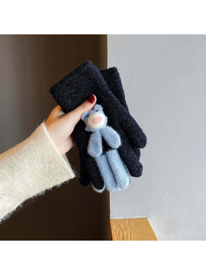 Gloving - Women's Cute Bear Accent Knit Winter Gloves