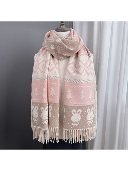 Scarvii - Cozy Bunny Motif Fringe Scarf