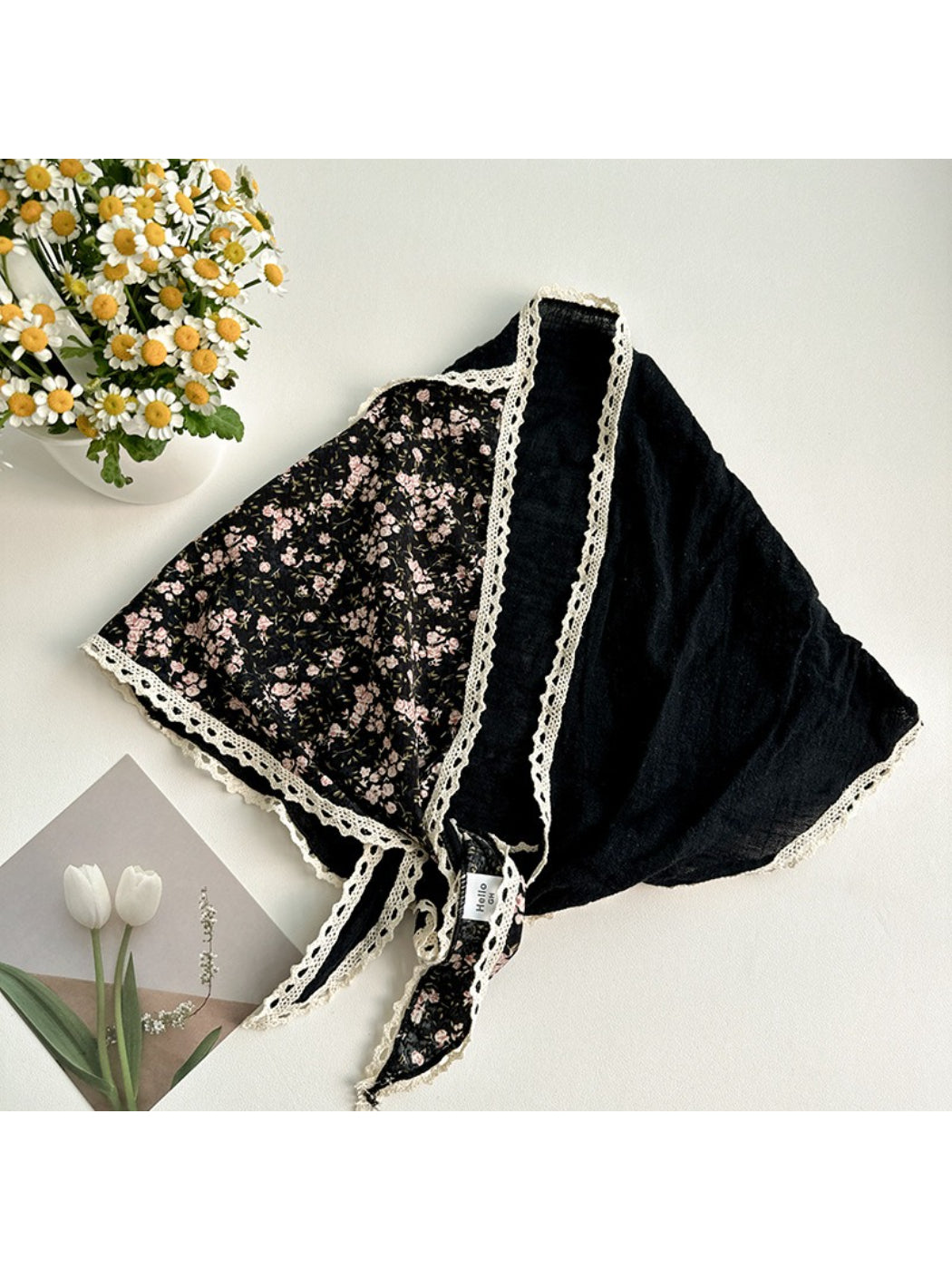 Scarvii floral patchwork lace triangle scarf displayed flat showing intricate lace and floral patterns