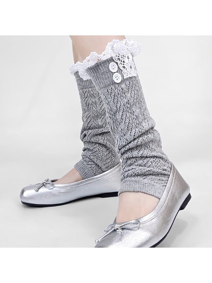 Cozyra - Lace Trim Hollow Knit Mid-Calf Leg Warmers