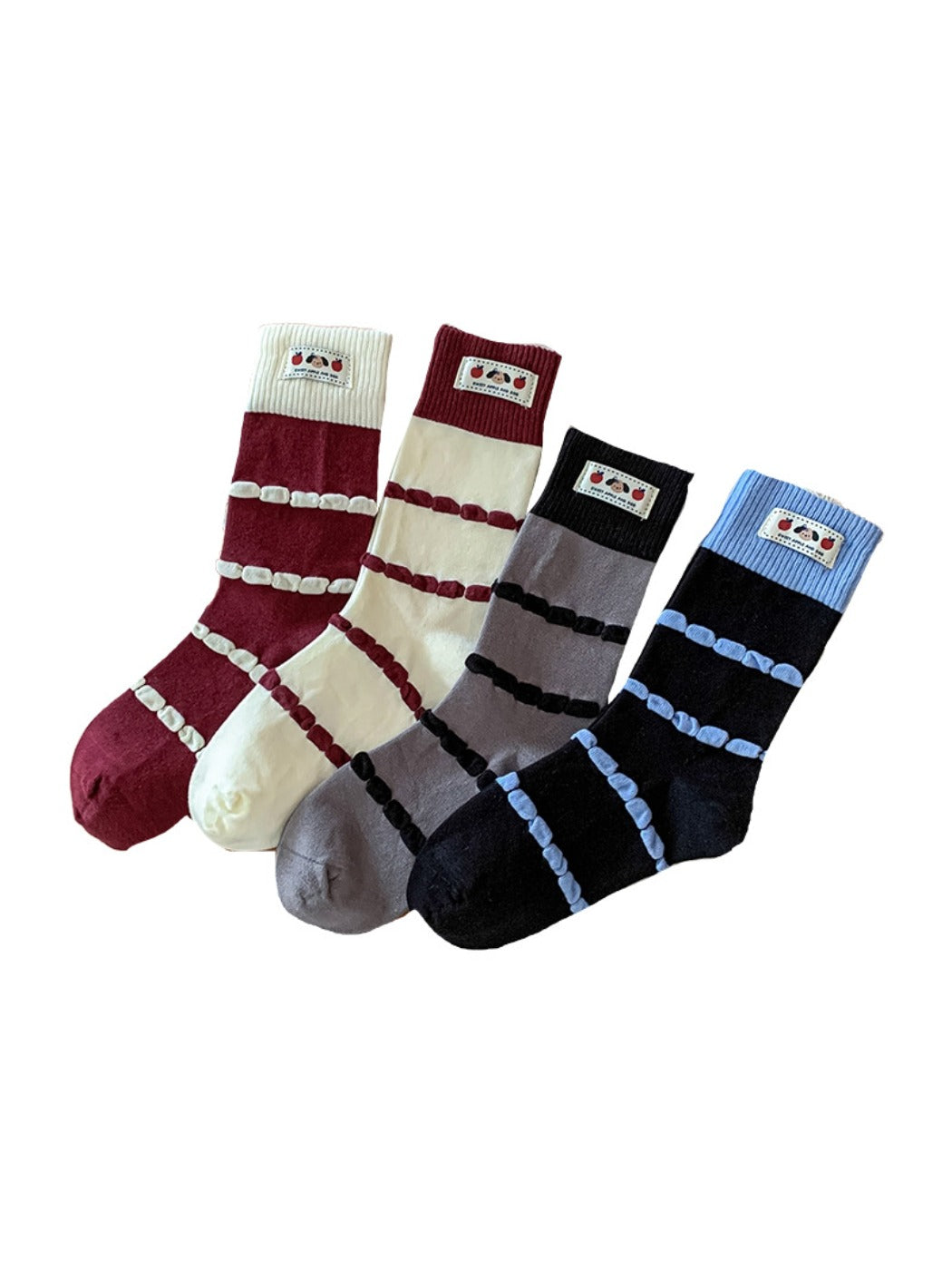 Rufia - Bubble Striped Mid-Calf Socks with Cartoon Label