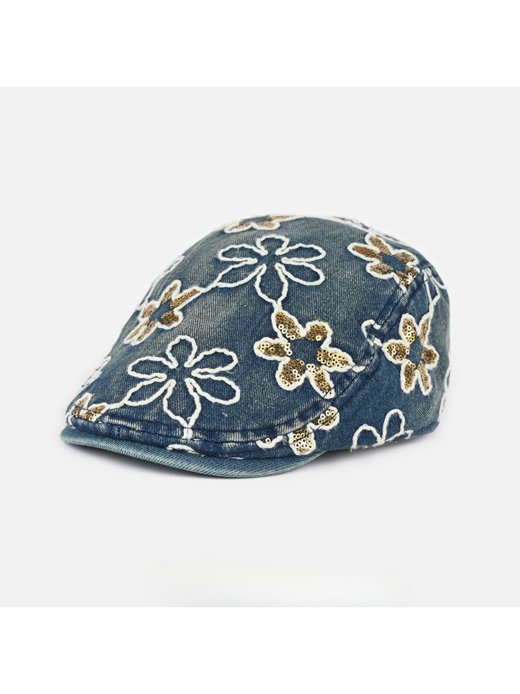 Haila floral sequin vintage newsboy cap displayed on a white background