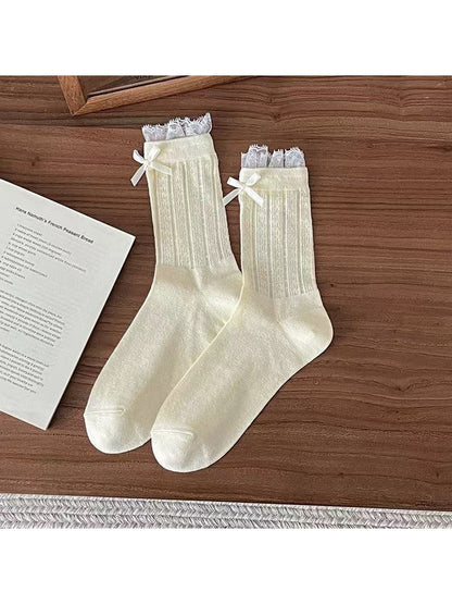 Rufia - Bow Detail Lace Cuffs Crew Socks