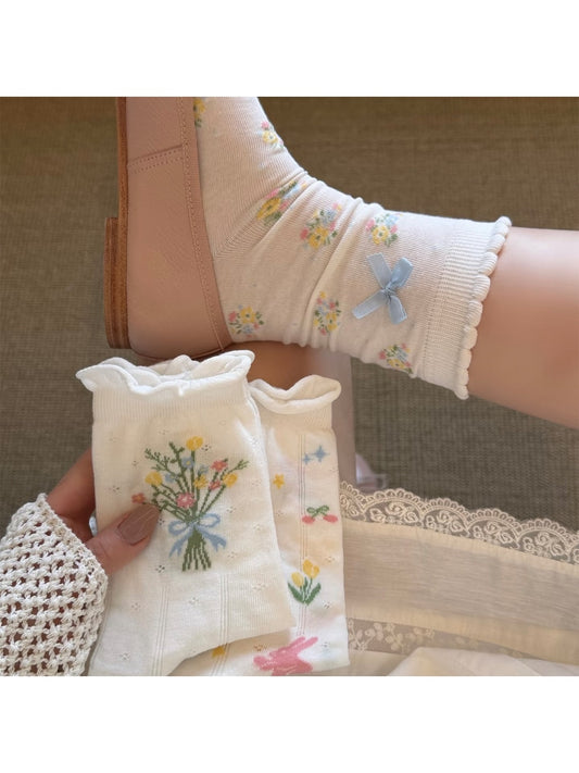 Rufia - Ruffle Cuff Floral Pattern Crew Socks