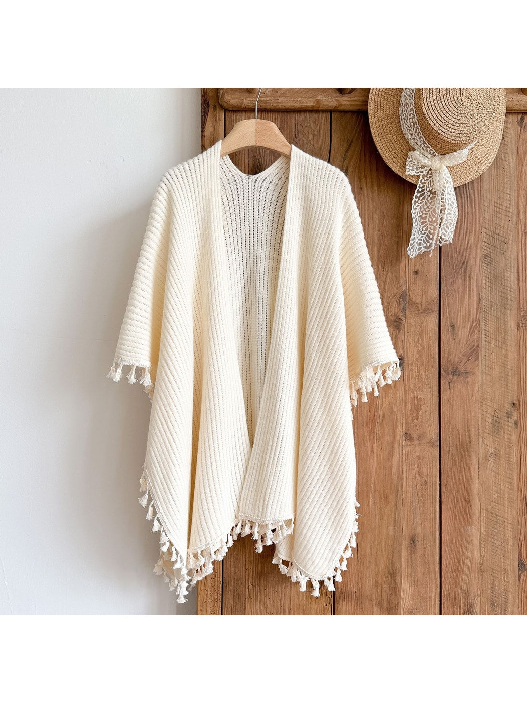 Scarvii - Beige Openwork Tassels Design Shawl