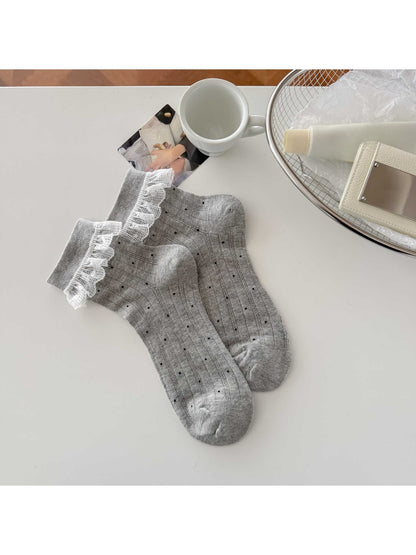 Rufia - Polka Dot Lace Trim Sweet Style Crew Socks