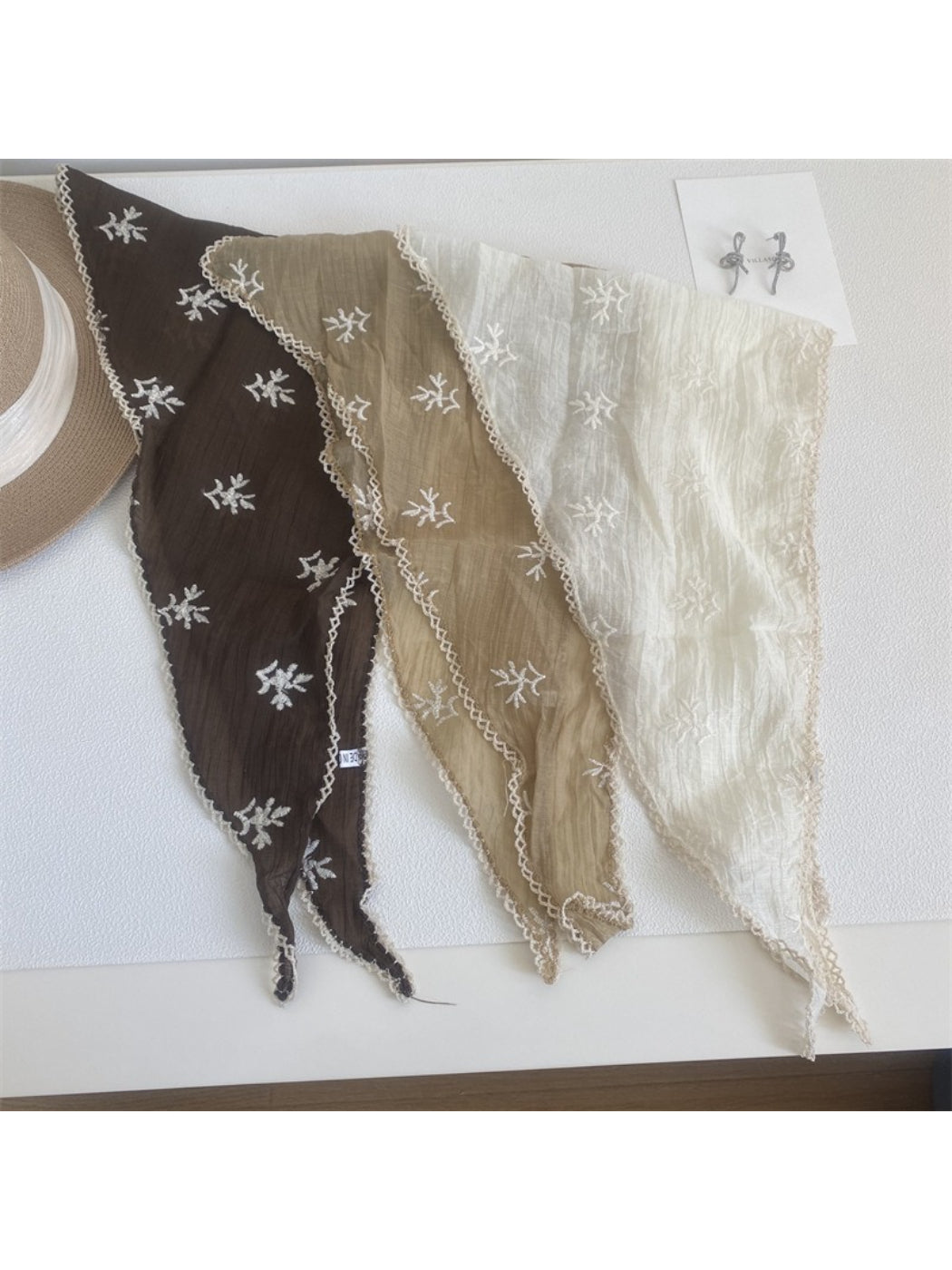 Scarvii Floral Embroidered Lace Trim Triangle Scarf
