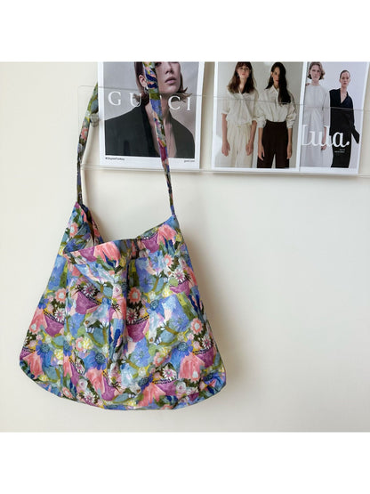 Cosbai - Painterly Floral Pattern Soft Shoulder Tote Bag