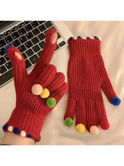 Gloving - Multicolor Pom-Pom Ribbed Gloves