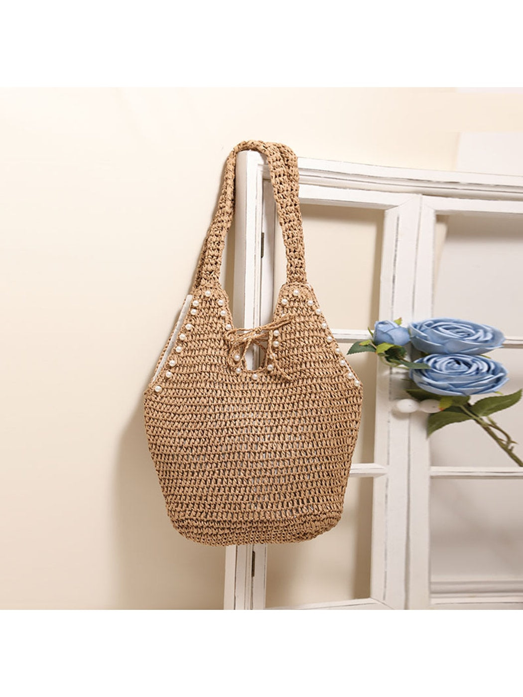 Cosbai - Brown Beaded Detail Woven Tote Bag