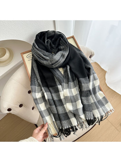 Scarvii - Checked Colorblock Tassel Shawl Scarf
