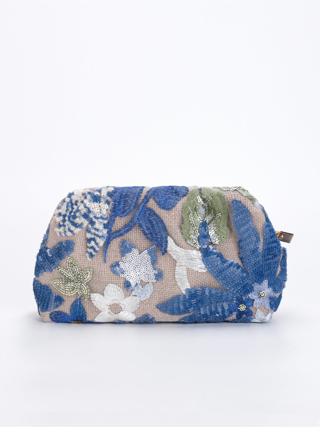 Cosbai clutch bag displayed on white surface emphasizing colorful floral sequins and compact size