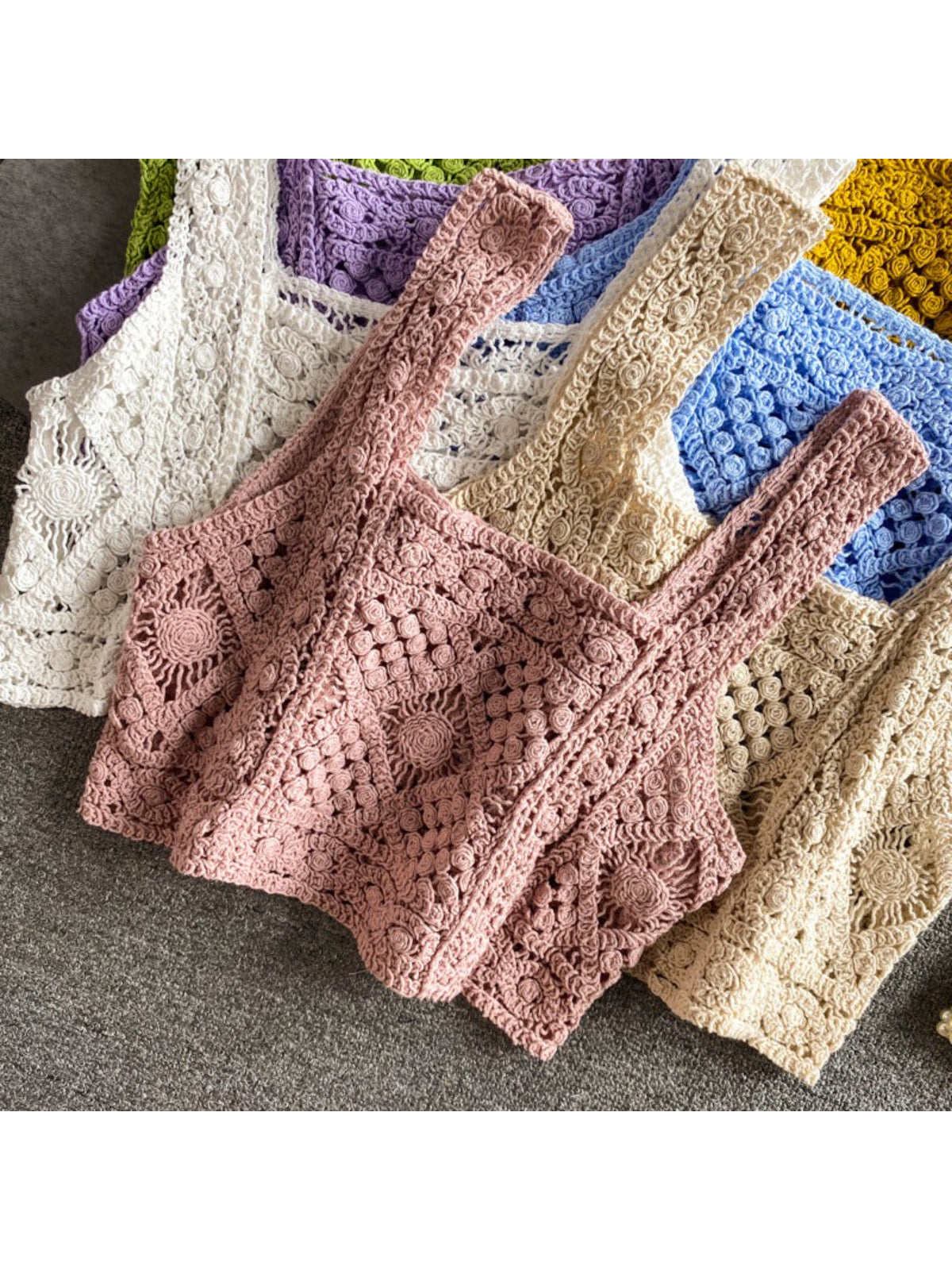 Crosa vintage crochet camisole tank top shown with natural lighting