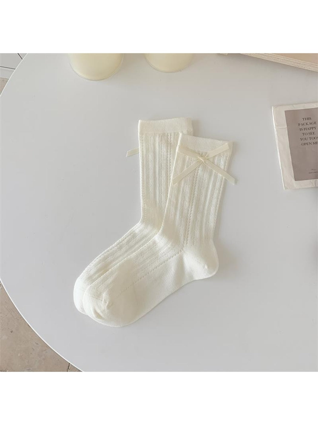 Rufia - White Bow Accent Openwork Crew Socks