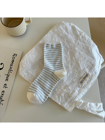 Side view of Rufia Classic Thin Stripe Crew Socks highlighting the thin stripes