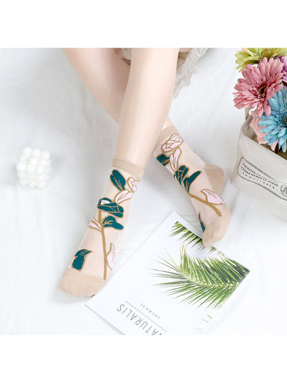 Rufia - Sheer Bloom Embroidered Crew Socks