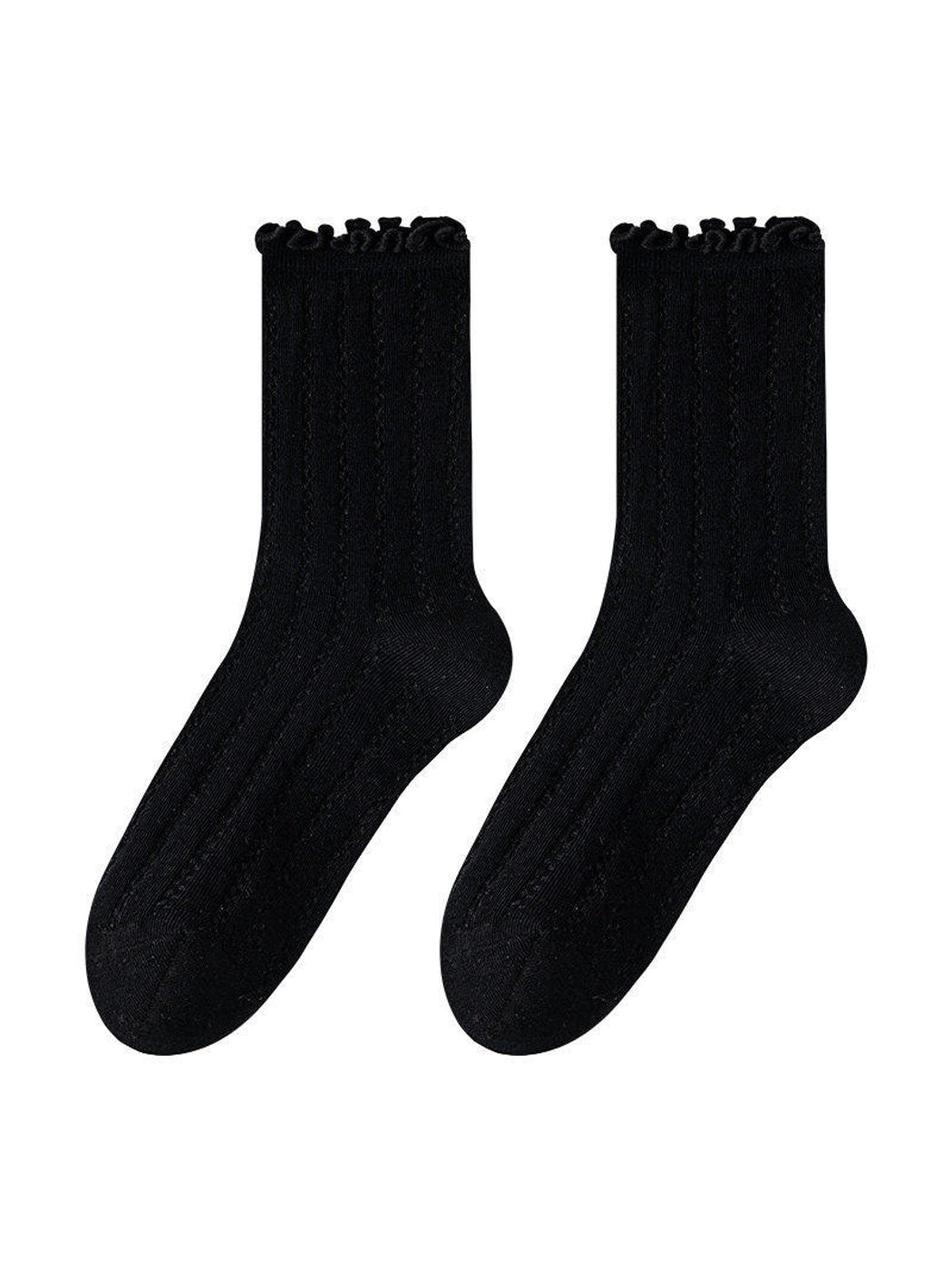 Rufia - Solid Color Openwork Ribbed Ruffle Cuff Crew Socks