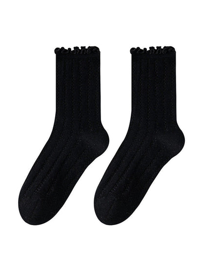 Rufia - Solid Color Openwork Ribbed Ruffle Cuff Crew Socks